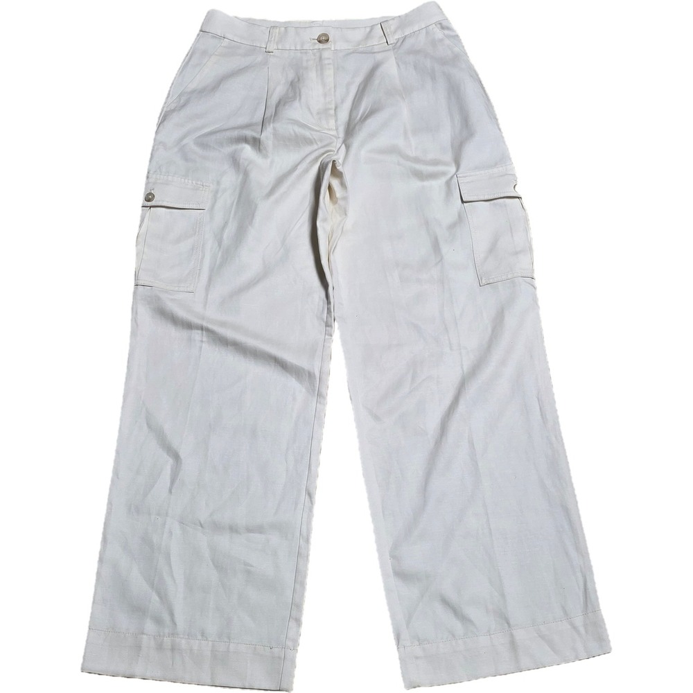 NWT‎ LOFT Wide Leg Cargo Pants Women's Size 8 White Cropped Linen Blend